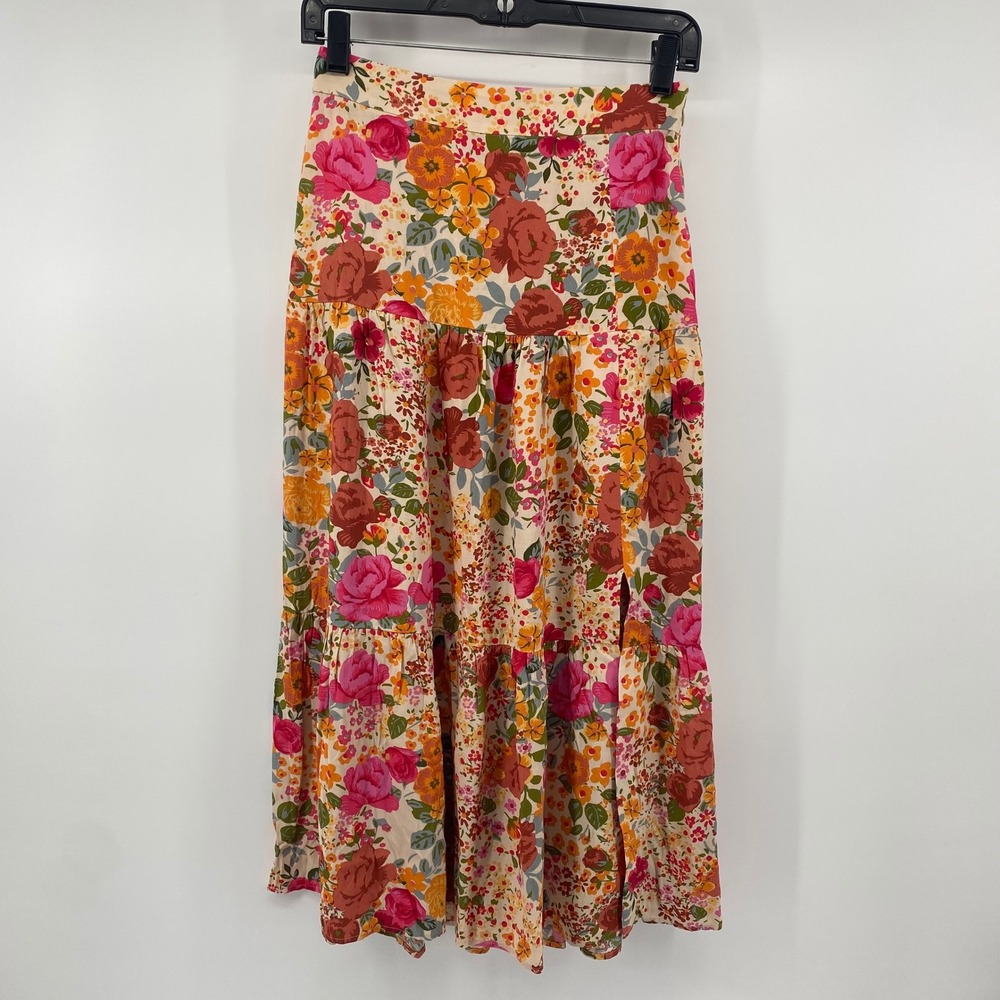 Sezane Midi Tammie Skirt Womens 34 Multicolor Floral Tiered Slit Boho French